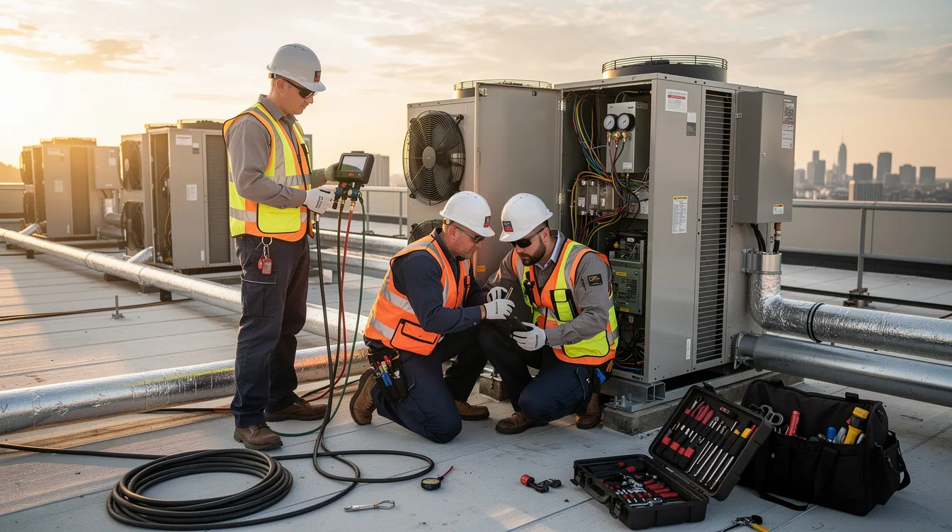A team of HVAC technicians working on air conditioning systems in Kuwait